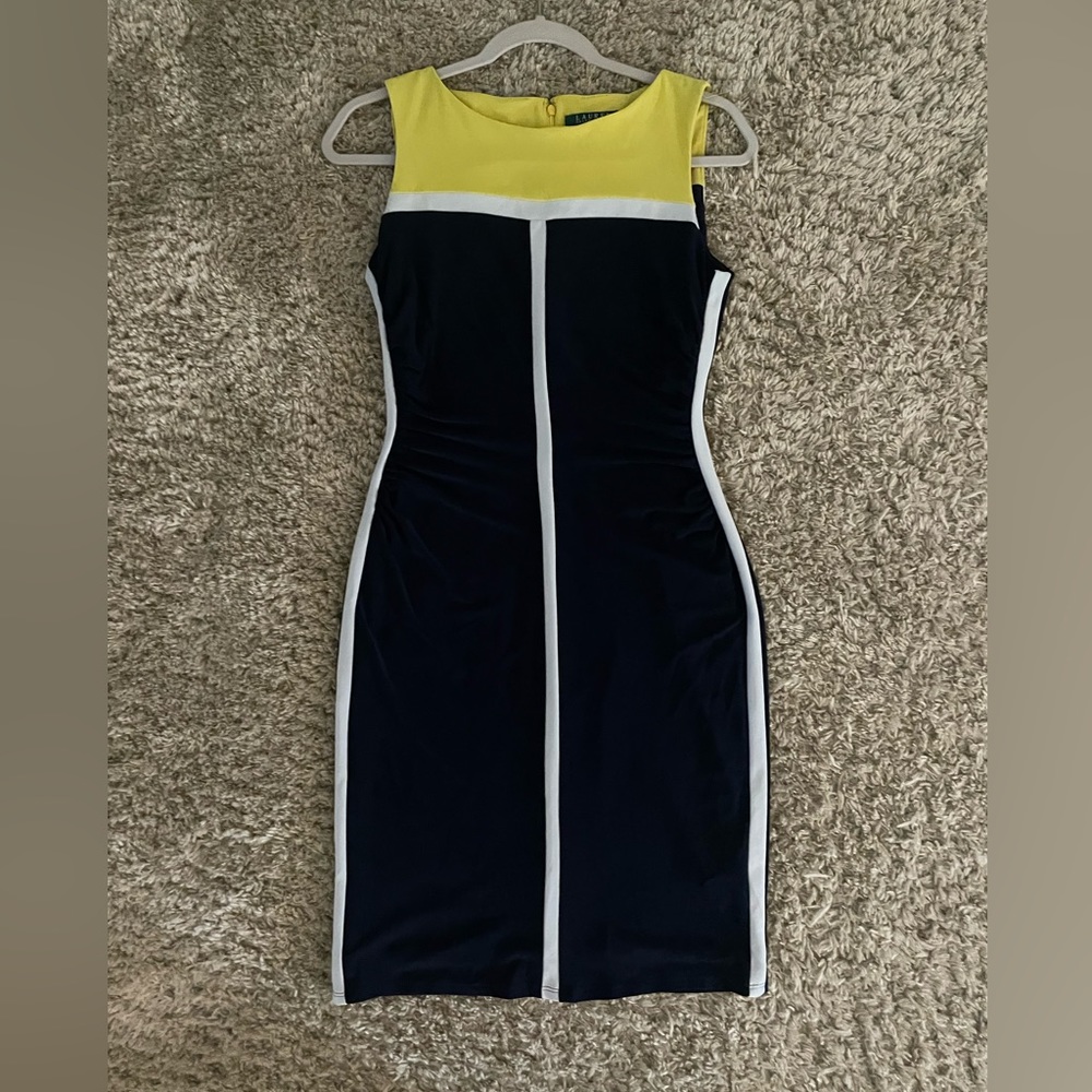 Ralph Lauren sleeveless dress. Women’s size 8. Navy/yellow/white.